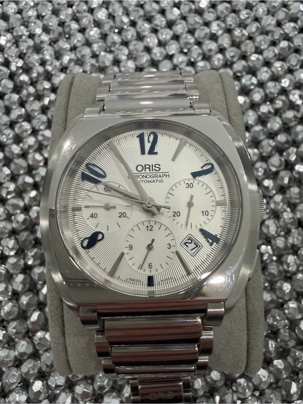 Oris Silver and Blue Automatic Chronograph Wristwatch